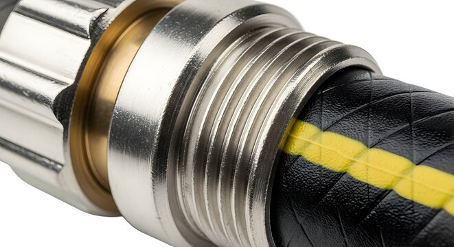 Close-up of a Hose Connector Showing Threads and Texture with Water Flowing in Background