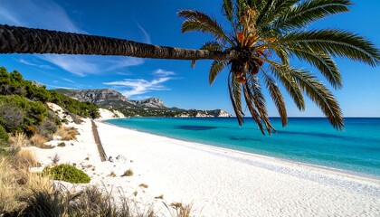 A pristine white sand beach meets clear turquoise water under a blue sky, with a palm tree extending into the frame