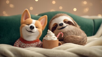 Obraz premium A sloth and corgi sit together smiling with whipped cocoa mug between them. Christmas friendship animal concept showing warmth, connection, and shared festive comfort