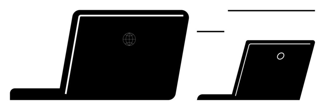 Open laptops shown in profile view with sleek, minimal design. Ideal for technology, remote work, communication, online education, business, digital tools connectivity themes. Simple flat metaphor