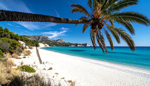 A pristine white sand beach meets clear turquoise water under a blue sky, with a palm tree extending into the frame - Powered by Adobe
