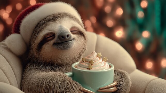 A fluffy sloth in scarf and sweater holds a steaming cocoa cup with candy cane. Christmas animal portrait conveying coziness, happiness, and slow living holiday theme - Powered by Adobe