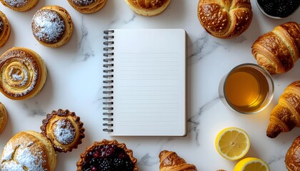 Blank Recipe Book Surrounded by Delicious Pastries and Tea