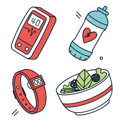Healthy lifestyle vector illustration with food, water, and fitness tracker