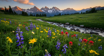 A breathtaking panorama of a serene alpine meadow, where a vibrant carpet of wildflowers and a meandering creek lead to a majestic, sun-kissed mountain range