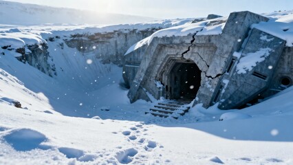 snowy ruins of underground entrance in arctic, secret facility in snow