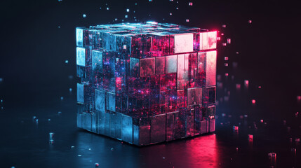 Obraz premium Holographic Cube with Glittering Light Particles