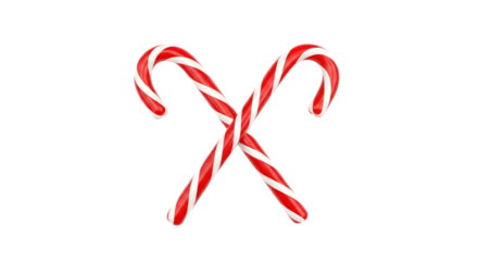 Two crossed red and white striped candy canes isolated on transparent background