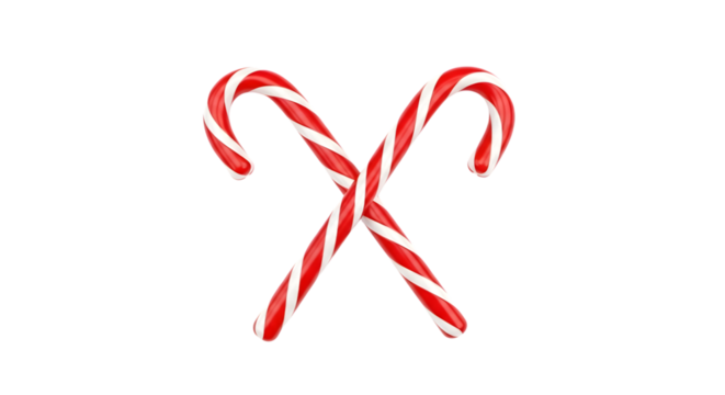 Two crossed red and white striped candy canes isolated on transparent background