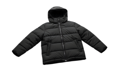 Black puffer jacket with hood isolated on transparent background