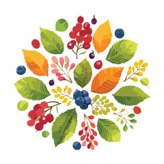 Circular pattern composition of diverse autumn leaves, vibrant berries, and dark blue fruit, showcasing the bounty of the season - Vector Illustration