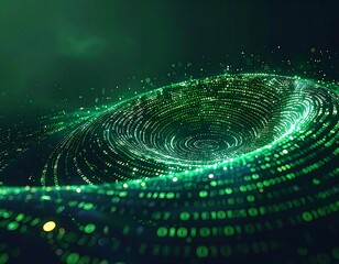 A dynamic, swirling vortex of emerald green light is depicted against a dark background, formed by binary code