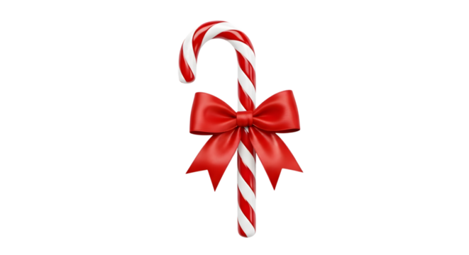 Classic red and white striped candy cane with a festive red ribbon bow isolated on transparent background