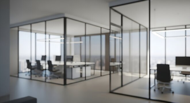 Modern, professional office interior with expansive glass partitions, offering a bright and minimal workspace designed for productivity and collaboration in a contemporary corporate environment