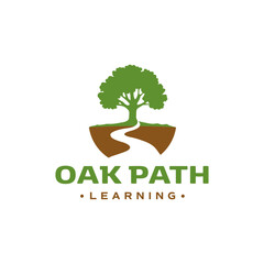 Obraz premium Nature-inspired logo featuring an oak tree with a winding path, ideal for education, learning, and growth concepts. Clean and modern style. Editable Vector File 