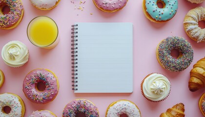 Donuts and Croissants With Orange Juice and Notepad - Overhead View