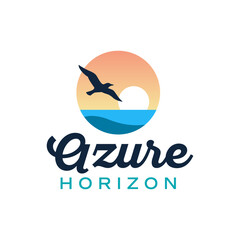 Stylized ocean horizon logo featuring a soaring bird, calm waves, and warm sunset gradient, ideal for travel, coastal, and wellness branding. Editable Vector File
