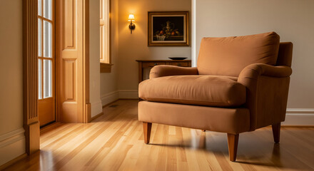 Fototapeta premium A cozy living room interior featuring an inviting orange armchair, wooden floor, and a painting.