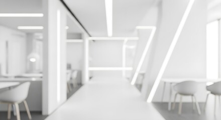 Blurred modern corporate office interior with abstract minimalist design, featuring soft daylight and clean white lines, creating a calm and professional workspace