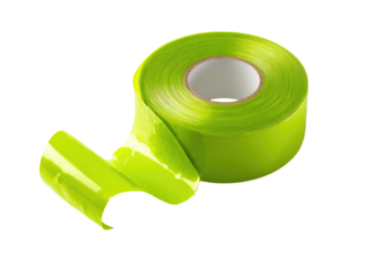 Bright green tape roll, glossy, partially unrolled on black