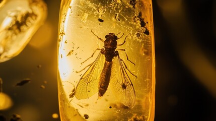 foolishness. Ancient insect preserved in clear amber, natural golden translucent resin. wildlife magazines, conservation campaigns, designed for wildlife conservation campaigns, used by ux designers.