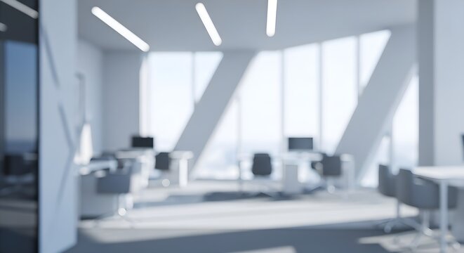 Blurred image of a contemporary open-plan office interior bathed in natural light, showcasing a sleek, bright, and professional workspace designed for modern business and collaboration