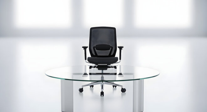 Modern minimalist office interior with a single vacant executive chair at a round glass desk, representing a business opportunity
