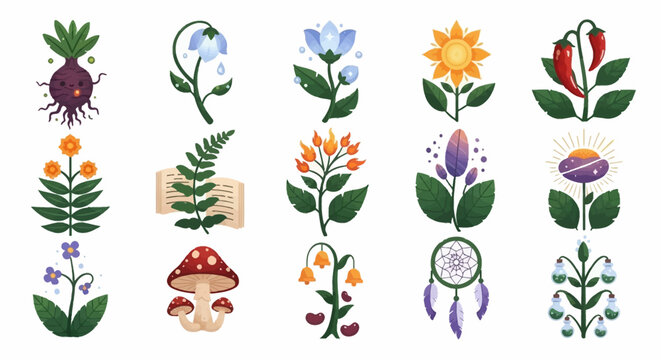 Colorful floral illustrations of various plants and flowers in artistic style.