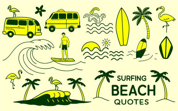 Summer surfing and beach. Surfboard, surfer, flamingo, palm tree, van, car, highly descriptive, wave line art icons, diverse, surf vacation sketch collection, marketable elements listed, doodle set.