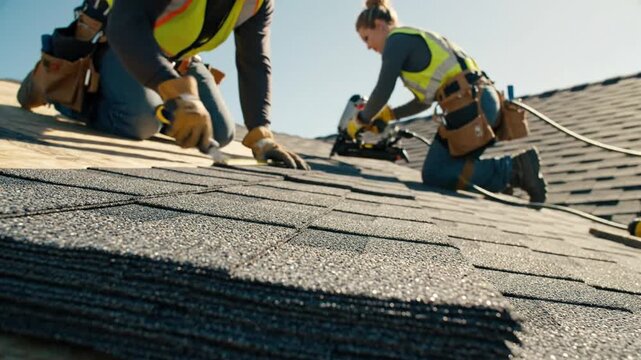 3230155 836 two construction workers installing new asphalt shingles on a residential roof shallow depth of field with focus on shingles in foreground 68736738 1