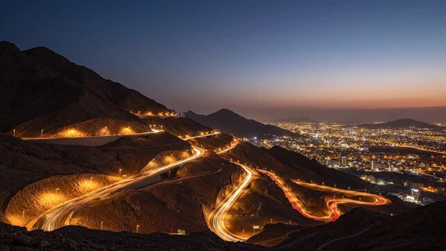 3230155 849 zigzag mountain road features car light trails at dusk in al hada taif saudi arabia illuminated city lights glow below rocky landscape as vehicles create streaks of light on win 69704739 1
