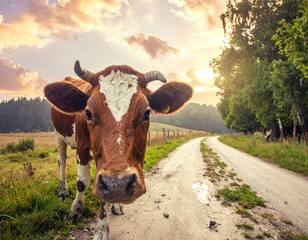 Curious Cow on Rural Road at Sunset