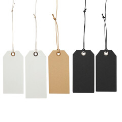 Five blank price tags in white brown and black hanging from strings isolated on transparent background