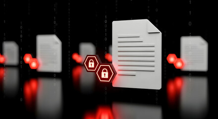 Secure data protection with digital documents, highlighted by glowing lock symbols, representing cybersecurity and data privacy in modern technology environments