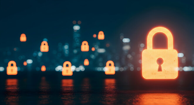 Glowing security lock icons floating over city lights, symbolizing digital data protection, cybersecurity, and secure network infrastructure in a modern world