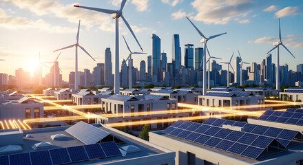 Modern eco-city powered by renewable energy with wind turbines, solar panels, and a sustainable infrastructure, promoting green living