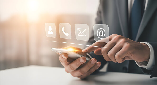 Professional man using smartphone to connect with customers through contact icons - phone, email, person, business communication, digital marketing - Powered by Adobe