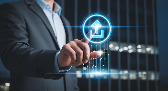 Business professional uploading data, sharing information, and utilizing technology in a modern office, showcasing innovation and digital transformation