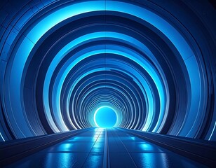 Fototapeta premium A futuristic tunnel with concentric circular rings illuminated by cool blue light at its core and the floor reflects