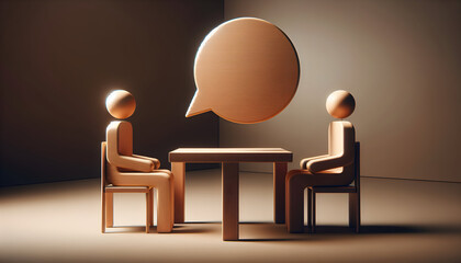 Conceptual discussion between two wooden figures with a speech bubble, perfect for brainstorming, teamwork, and communication themes