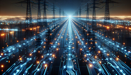 Futuristic power grid concept with glowing circuit board pathways, city lights, and energy transmission lines, illustrating technology and innovation