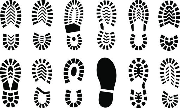 Collection of Black Boot and Shoe Footprints on White Background shoe print boot print