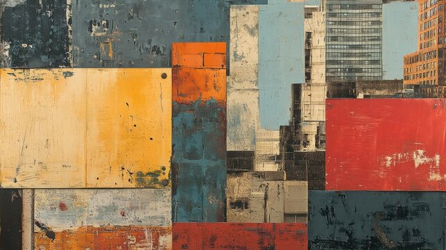Abstract urban collage, textured panels, city backdrop, design element