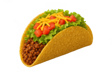 Hard shell taco filled with ground beef, vibrant lettuce, cheese, and diced tomato, representing mexican cuisine and fast food