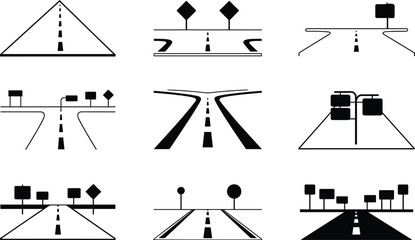 Collection of nine road and highway intersection icons with signs traffic street © MSTHUSNEWARA