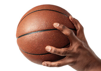 Hand holding a brown basketball, ready for action.