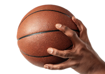Hand holding a brown basketball, ready for action.