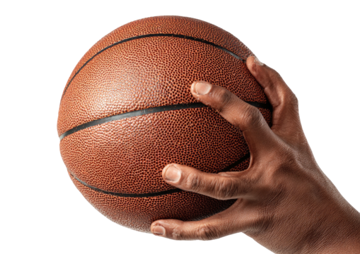 Hand holding a brown basketball, ready for action. - Powered by Adobe