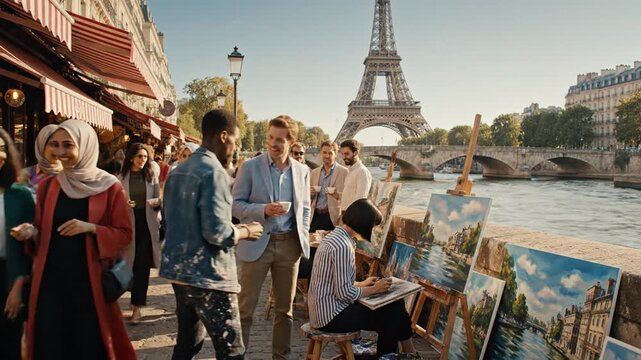 3230155 711 streetlife in Paris with people on the Seine, painters with works of art, Eiffel Tower and street cafes, Ai generated 37992765 1