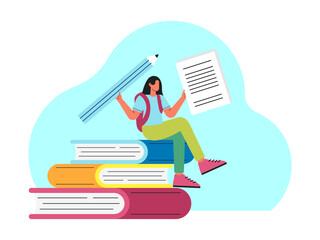 Female student is sitting on a large book while holding a large pencil and a notebook. Back to school vector illustration. Flat illustration concept.
